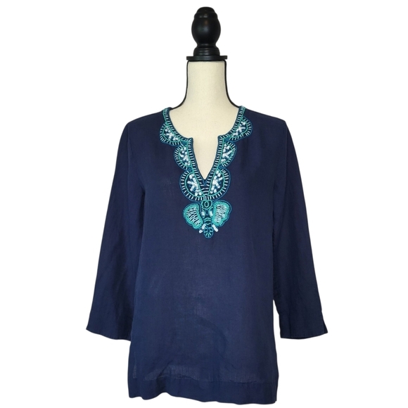 Lilly Pulitzer Top Amelia Island Blue Turquoise White Beaded Linen Tunic Size S - Picture 1 of 7